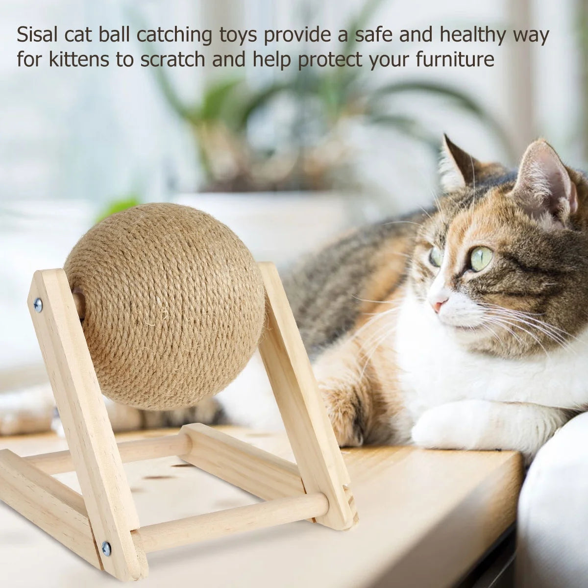 Bola Rascadora Para Gatos, Juguete Rascador Para Gatos De Sisal Natural Con Hierba Gatera, Bola Rascadora Interactiva De Madera Maciza, Poste Para Rascar Gatos De 7X7X6,3 Pulgadas Con Bola Giratoria Para Gatos Y Gatitos De Interior